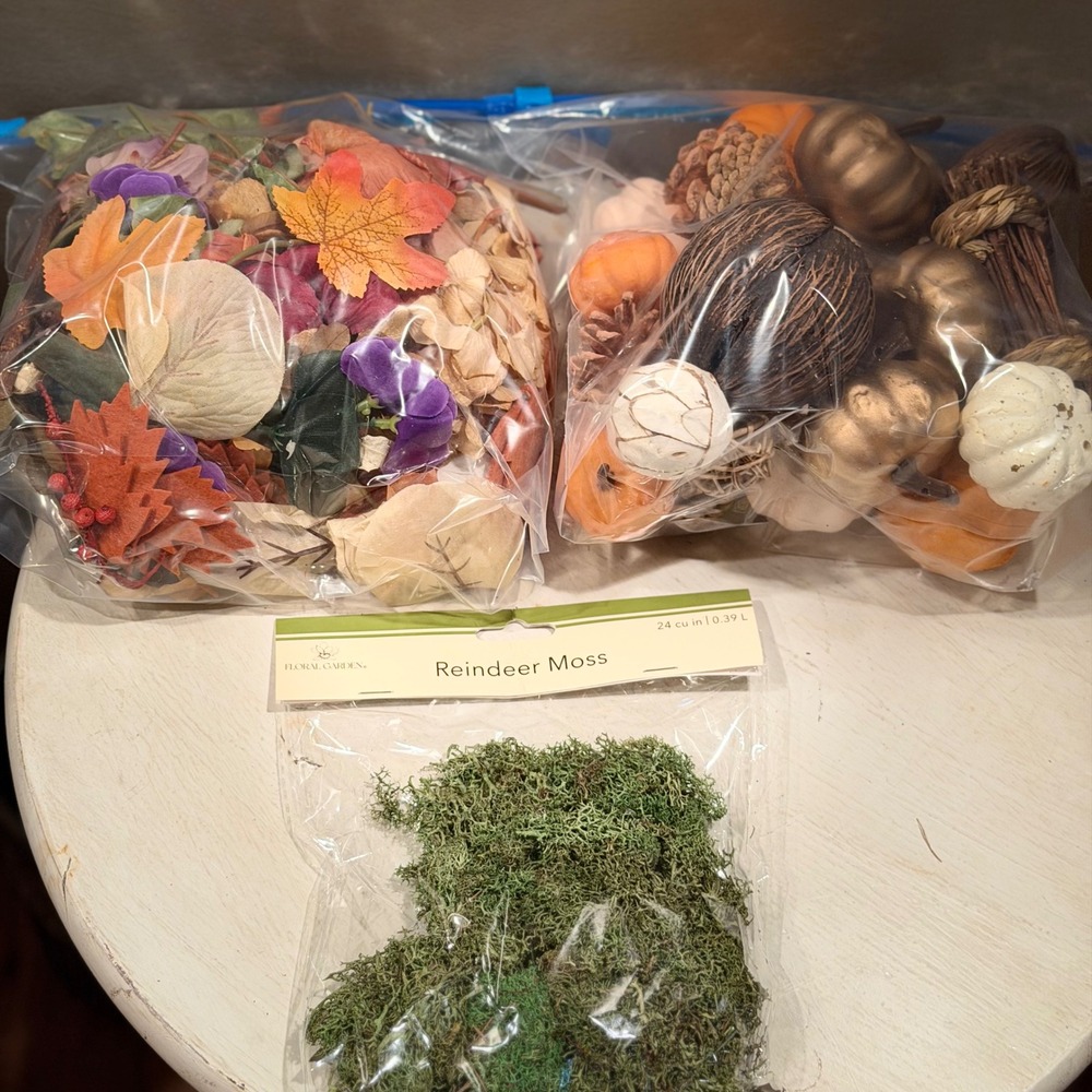 Fall Harvest Decor Assortment Miniature Pumpkins Pinecones‎ Moss Leaves Flowers
